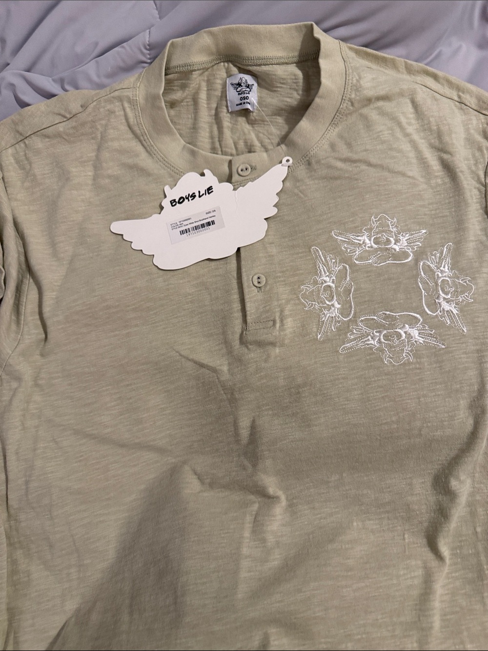 Boys Lie Light Olive Green Henley 3 Button-Down Shirt with White Graphic